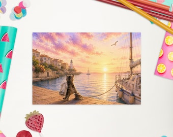 Ansichtkaart met een kat van achteren gezien bij Sunset Harbor | Hoge resolutie aquarel kat | Vredige natuurkaart aan zee
