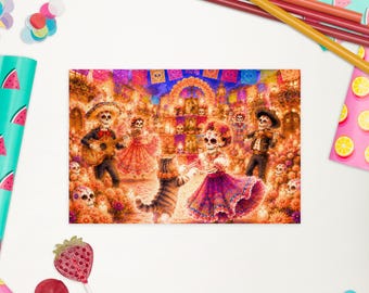 Achterkant van een dansende kat op het Día de Muertos-festival (Dag van de Doden) Ansichtkaart | Hoge resolutie aquarel kat kunstwerk | Feestelijke kerstkaart