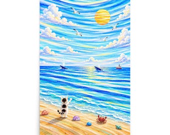Back View Cat – Watching Whales Across the Striped Ocean – Emotional Watercolor Coastal Poster