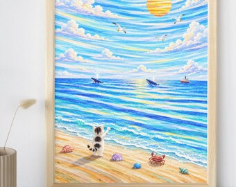 Kat van achteren gezien – Walvissen spottend over de gestreepte oceaan – Emotionele aquarel kustkunstprint