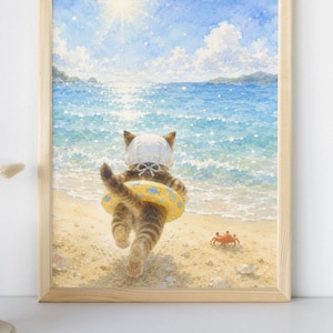 May include: Watercolor painting of a cat wearing a white hat and yellow inflatable ring, running on a sandy beach toward the ocean. A small crab is on the sand. The sky is blue with white clouds and a bright sun.