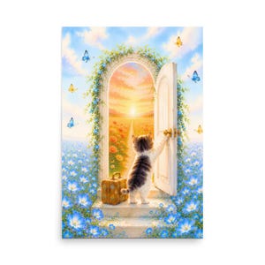 Back View Kitten Opening the Door to a New Adventure | Emotional Watercolor Fantasy Poster