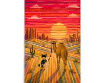 Back View Cat – Walking with a Camel Through the Striped Desert – Emotional Watercolor Fantasy Poster