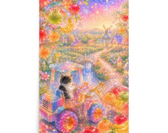 Kat van achteren gezien – Fruitoogst in snoepwereld – Fysieke aquarelposter | Speelse fantasiekat muurdecoratie | Schattige cottage decoratie