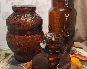 Vintage Amber Glass Canister Set – Mid‑Century & 1970s Embossed 3‑Piece Kitchen Collection