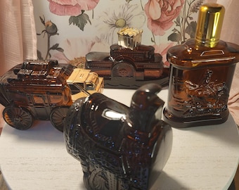 Vintage Western Cologne Bottle Collection – Avon Saddle, Stetson Cowboy, Stagecoach & Natchez Steamboat – 1970s Figural Glass