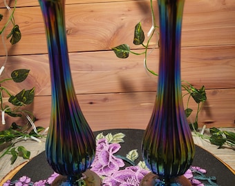 Pair of antique Fenton Amethyst “Fine Rib” Carnival Glass Swung Vases – Vintage Art Glass