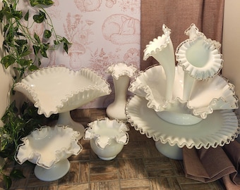 Fenton Silver Crest Milk Glass Collection – 6 Hand‑Crimped Vintage Pieces