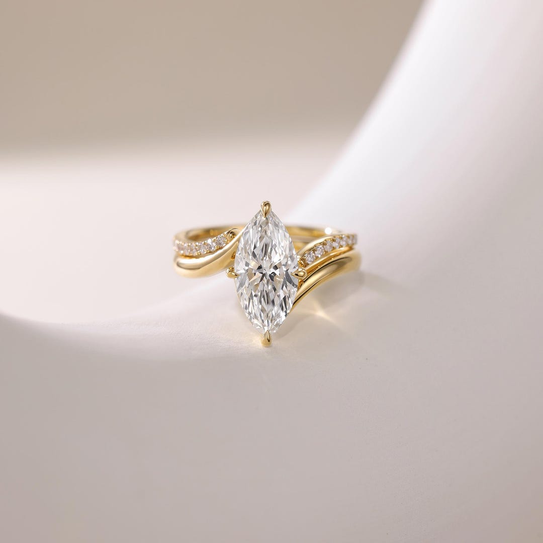 Marquise Cut Lab-grown Diamond Engagement Ring Set, 14K Solid Gold ...