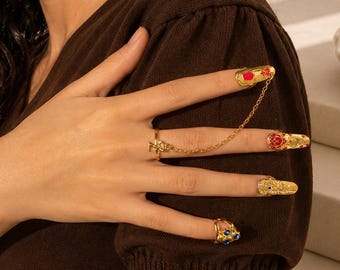 ゴールドネイルアーマーリングセット｜ゴシックチェーンフィンガージュエリー、Y2Kサイバーコアステートメントアクセサリー