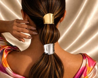 Conjunto de horquillas metálicas esculturales para el cabello – Sujetador de coleta dorado y plateado, accesorio moderno y llamativo.