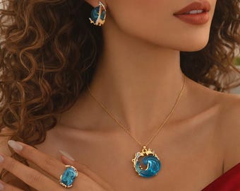 Blaues Glas Ocean Wave Schmuckset - Elegante Halskette, Ohrringe & Ring