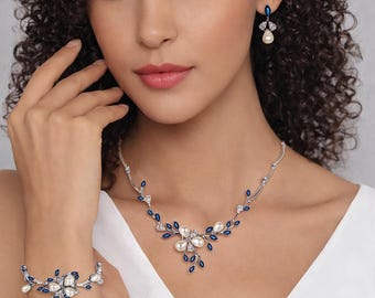 Blue Crystal Pearl Floral Necklace Set – Silver Bridal Earrings Elegant Wedding
