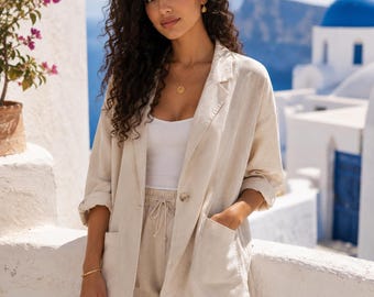 Women's Linen Two Piece Set, Relaxed Fit Blazer and Pants, Summer Vacation Outfit