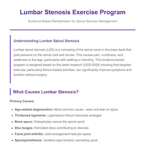 Könnte beinhalten: Ein Dokument mit dem Titel "Übungsprogramm bei lumbaler Stenose" und dem Untertitel "Evidenzbasierte Rehabilitation für das Management der Spinalstenose". Es erklärt die lumbalen Stenose, ihre Ursachen und die Vorteile von Übungen.