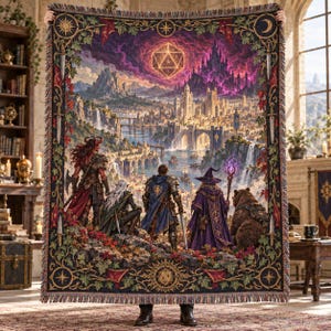 May include: A woven tapestry blanket featuring a fantasy scene with a group of adventurers looking towards a sprawling city and a glowing icosahedron in the sky. The border is decorated with swords, vines, and celestial symbols in dark, rich colours.
