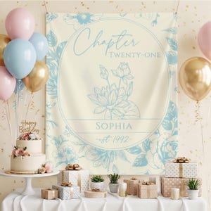 May include: A birthday party scene with a two-tiered cake, balloons, and wrapped gifts. A banner with floral designs and the text "Chapter Twenty-One" is displayed. The cake is decorated with flowers and a "Happy Birthday" topper.
