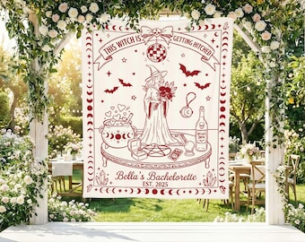 This Witch Is Getting Hitched Tapestry, Custom Bachelorette Backdrop, Gothic Bridal Shower Decor, Halloween Wedding Sign, Spooky Bride Gift