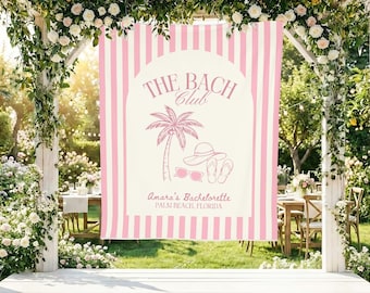 Tapisserie EVJF Palm Beach, décoration murale club Bach, bannière tropicale mariée, toile de fond de destination personnalisée, cadeau de douche en Floride, thème de la plage