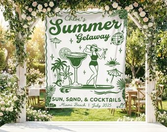 Custom Summer Getaway Tapestry, Retro Beach Bachelorette Party Backdrop, Miami Girls Trip Wall Hanging, Vintage Cocktail Decor Banner