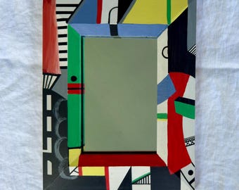 Espejo de pared posmoderno de inspiración Memphis, espejo geométrico de bloques de color estilo años 80, decoración vintage abstracta.
