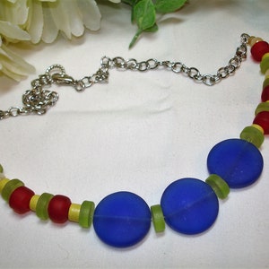 Cobalt Blue glass beaded Necklace - Primary color Bead accents- Glass & Ceramic beads - Blue yellow green and red beading - Silvertone chain