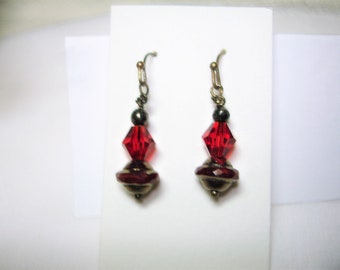 Red Glass Dangle or Drop Earrings - Red Turbine Glass Beads - Red Faceted BiCone beads - Antique Gold Ball Tip Ear Wires