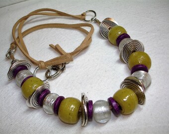 Green Purple and Silver Chunky Beaded Necklace- Glass and Ceramic Beads - Silvertone accents and findings