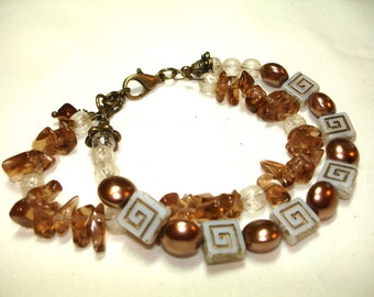 Greek Key Beaded Bracelet - Golden Glass Pearls - Greek Key Pattern beads - Polished Glass Strand -Double Strand