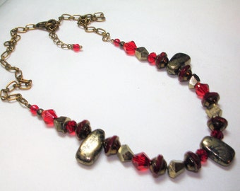 Pyrite & Red Glass Beaded Necklace - Polished Pyrite Wedge Beads - Pyrite Nugget Beads -Red Glass Turbine Beads - Red Bicones