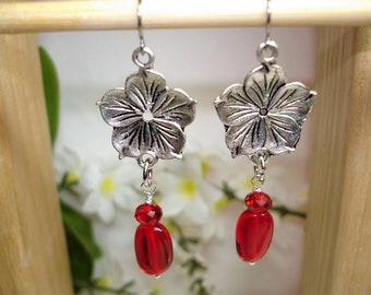 Silver Flower Earrings -Red Glass Dangles  - Pretty Dangle or Drop earrings -Silvertone Findings