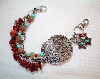 Southwest Style 3 Strand Bracelet ~ Beautiful Silvertone Medallion- Star Dangles - Aqua Blue Tan & TerraCotta