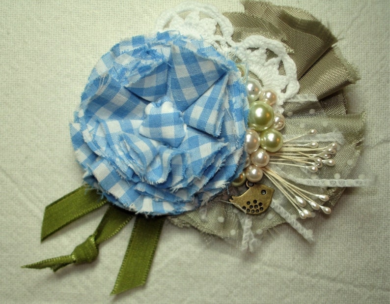 Fabric Flower Brooch or Pin Tiny Bird Charm- Pearl Trims Bar Pin Blue Gingham Flower Green Petals and Ribbon -White Doily Trim