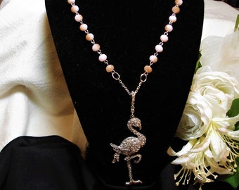 Rhinestone Flamingo Necklace- So much Sparkle! -3 inch Flamingo - Faceted pink glass bead chain with gold highlights- Beach Theme Jewelry