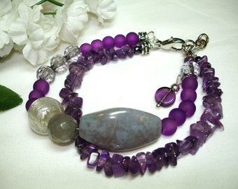 Purple, Gray and Silver Bracelet - Stone focal bead - Amethyst Chip Strand - Silver, Gray and Purple glass beads - Silvertone Findings