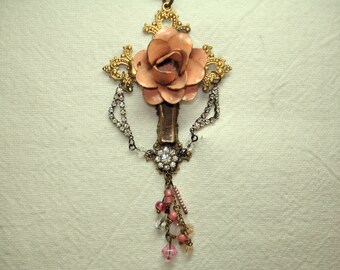 Large Ornate Cross Necklace - Rustic Pink Metal Flower - Rhinestone chain - Glass Beaded Dangle - Antiqued Metal Cross