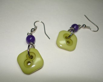 Purple and Green Button Earrings - Dangle Style - Silvertone findings