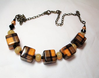 Golden Plaid Necklace -Gold and Black Plaid Acrylic Beads - Golden and Black glass accents - Antique Gold Chain