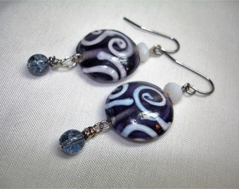 Navy Blue and White Lamp Work Dangle Earrings -Smooth Coin style beads -Blue Crackle glass beads- Faceted white glass toppers - Silvertone