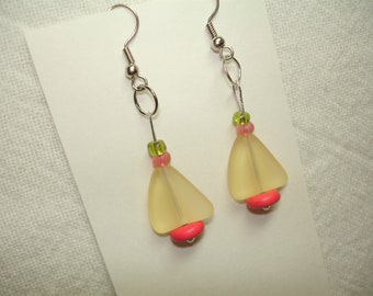 Summer Citrus Dangle Earrings - Yellow Sea Glass - Watermelon Pink and Lime Green Accents - Silvertone Findings