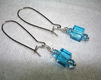 Aqua Blue Glass Dangle Earrings - Aqua Glass Cubes - 1 & 1/2 inch Kidney Style Ear wires in Silvertone -