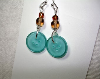 Aqua Blue Dangle BUTTON earrings - Shimmery Aqua buttons topped with golden brown glass beads - Silver accents and findings