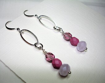 Triple Beaded Dangle Earrings - Raspberry and Lavender -Silvertone Ovals and Ear Wires