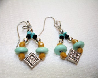 Aqua Mustard Gold Silver & Black Beaded Earrings - Metal Focal bead is diamond shaped- Desert golds and blues -Ball Tip Surgical Steel Wires