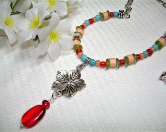 Multi Color Tropical Flower Necklace ~ Glass Beading - Red- Aqua Blue - Green & Peach beading -Silvertone Flower Pendant - Silvertone Chain