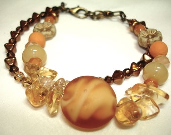 MoonGlow Glass Beaded Bracelet - Soft golden shades incude glass disc focal bead and Citrine - Second strand in Shimmery Bronze