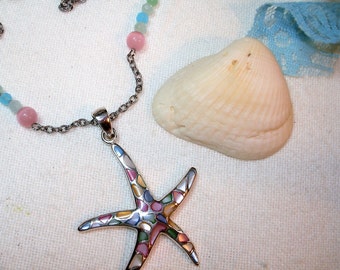 Sterling Silver 925 Starfish Pendant -Shell inlay- Beach Theme Necklace - Multi color pastel -Beaded Silvertone chain -Beach Wedding Jewelry