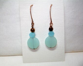 Aqua Blue and Copper Dangle or Drop Earrings - Aqua Blue Matte Disc Beads - Coppery Bronze Topper Bead - Coppertone Ear Wires