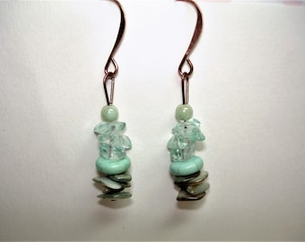 Pretty dangle Beaded Earrings - blue green stacked shell beads - Transparent mint green glass chips - Coppertone Findings