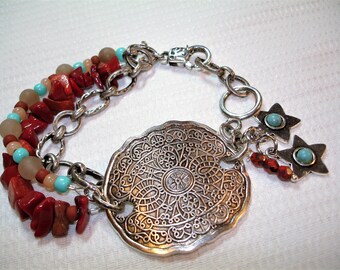 Southwest Style 3 Strand Bracelet ~ Beautiful Silvertone Medallion- Star Dangles - Aqua Blue Tan & TerraCotta